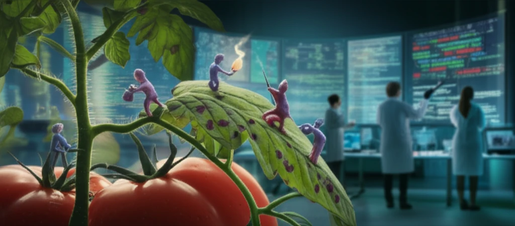 Microscopic view of Stemphylium lycopersici attacking a tomato leaf, highlighting scientific research and potential breakthroughs.