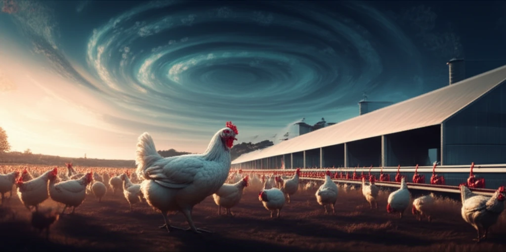 Chicken farm in Brazil under a sky patterned with viruses, representing the threat of IBV.