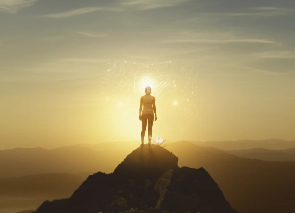 Woman standing on a mountain top, sunrise, symbolic