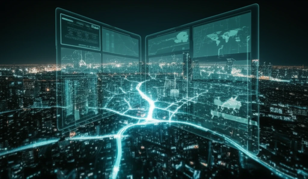 Cityscape with glowing road networks overlaid on a spatial database interface.