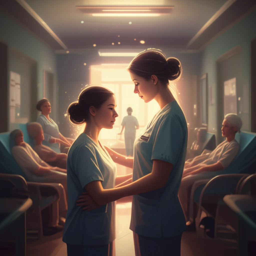 Illustration of a nurturing nursing home environment focused on patient safety.