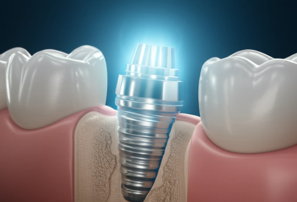 Dental implant with glowing abutment connections.