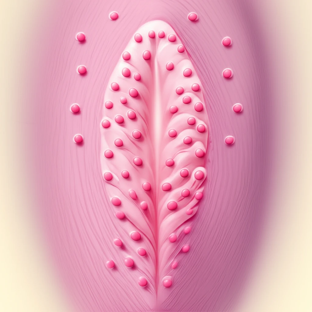 Illustration of vestibular papillomatosis, showing normal anatomical variation of vulva with small papillae.