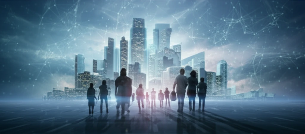 Futuristic healthcare landscape with AI and patient-centric care symbolized.