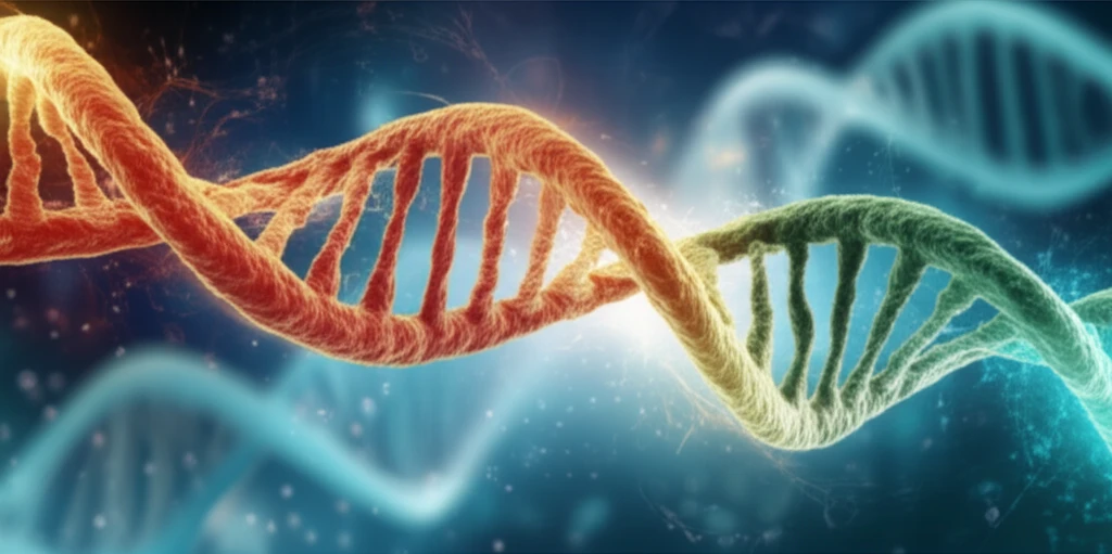 Glowing DNA strands intertwined with muscle fibers, representing muscular dystrophy research and genetic connections.