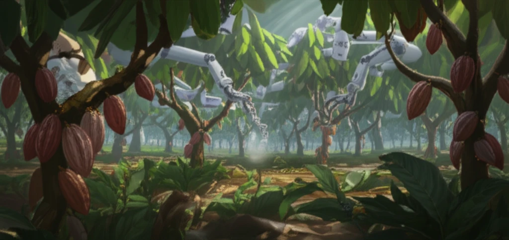 Robotic arms pollinating cocoa flowers on a futuristic cocoa farm.
