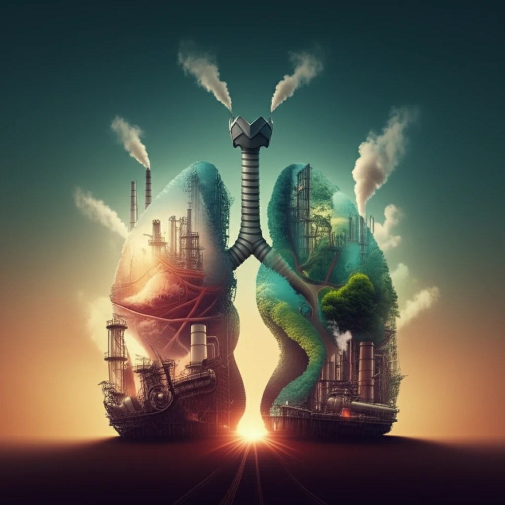 Lungs transitioning from industrial to natural environments, symbolizing hope for occupational lung disease.