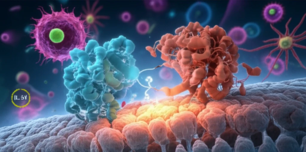 Illustration of GRP78 and IL-34 interaction on a cell membrane, symbolizing immune response regulation.