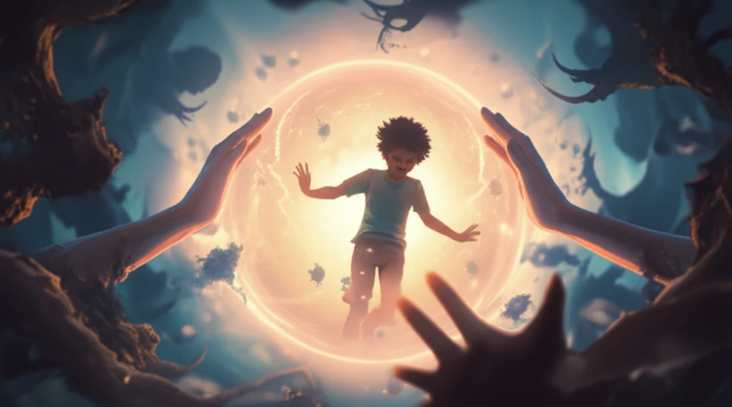 Hopeful image of a child protected by glowing energy against cancer cells, symbolizing re-irradiation treatment.