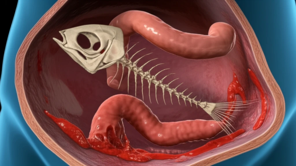 CT scan image showing a fish bone perforating the small intestine, leading to peritonitis.