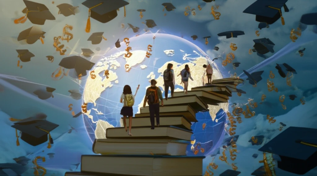 Diverse students climb a staircase of books transforming into a global map, symbolizing access to education worldwide.