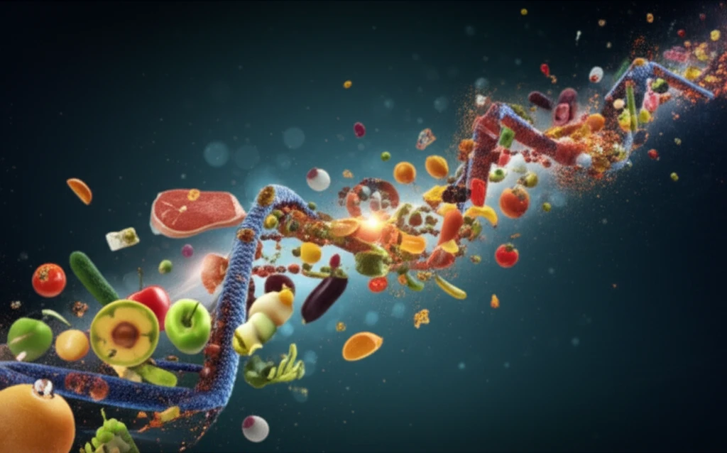 DNA helix intertwining food, symbolizing Listeria genome sequencing for food safety.