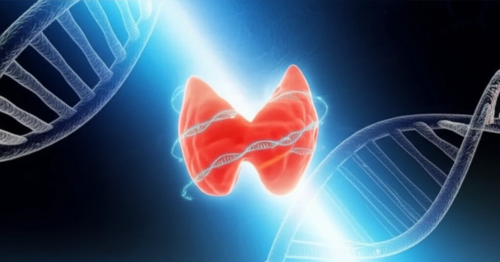 Surreal illustration of a thyroid gland with RNA strands.