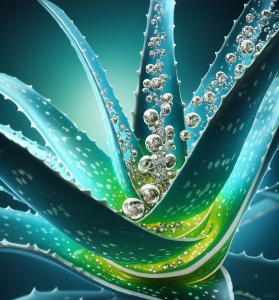 Aloe vera intertwined with glowing silver nanoparticles.