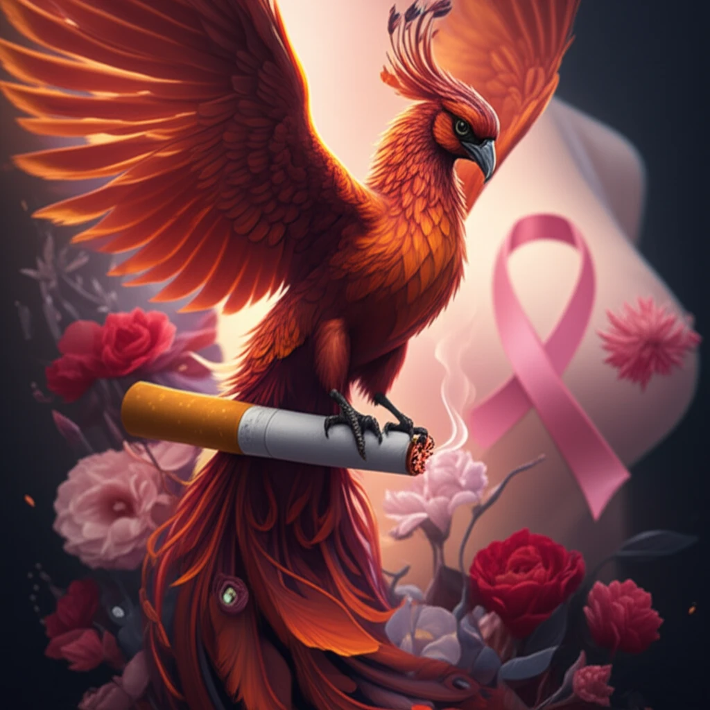Phoenix rising from a cigarette surrounded by flowers, symbolizing smoking cessation and hope for breast cancer patients.
