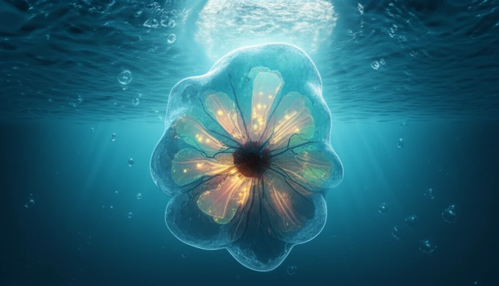 Translucent sponge in clear water with glowing structures representing healing process through cellular transformations.