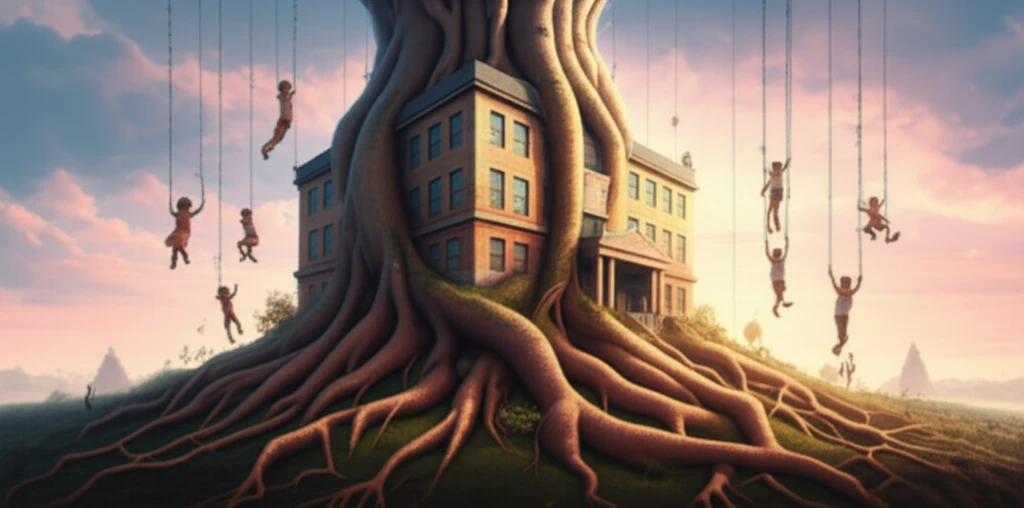 Illustration of a school with interconnected roots symbolizing mental health support for children.