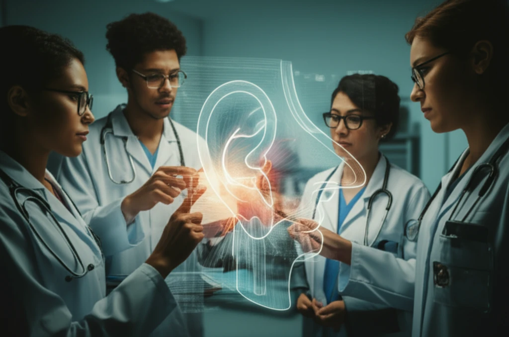 Global ENT Collaboration: Young doctors collaborating on a holographic ENT model.