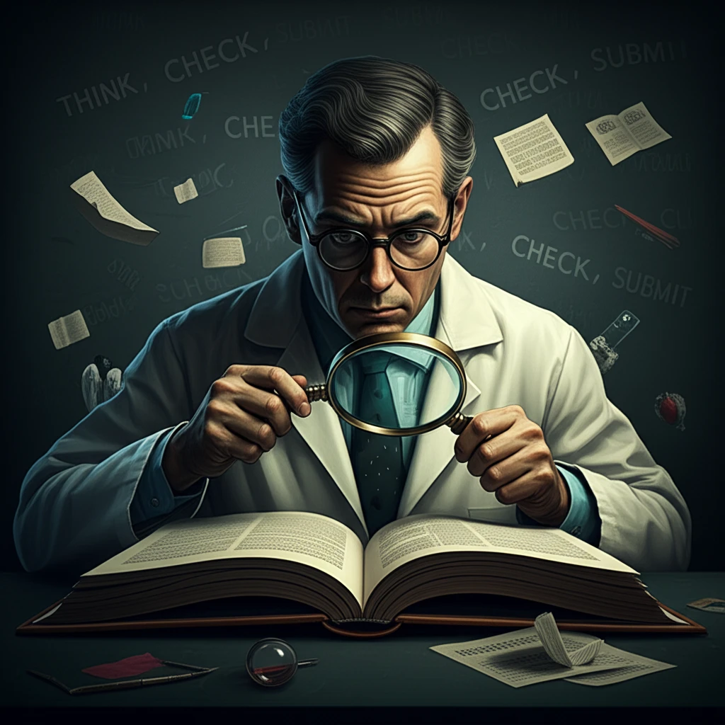 Scientist examining a journal with 'Think, Check, Submit' in the background, symbolizing careful research evaluation.