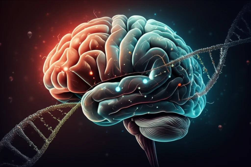 DNA strands intertwined to form a brain, highlighting methylation marks, set against a mood swing gradient.
