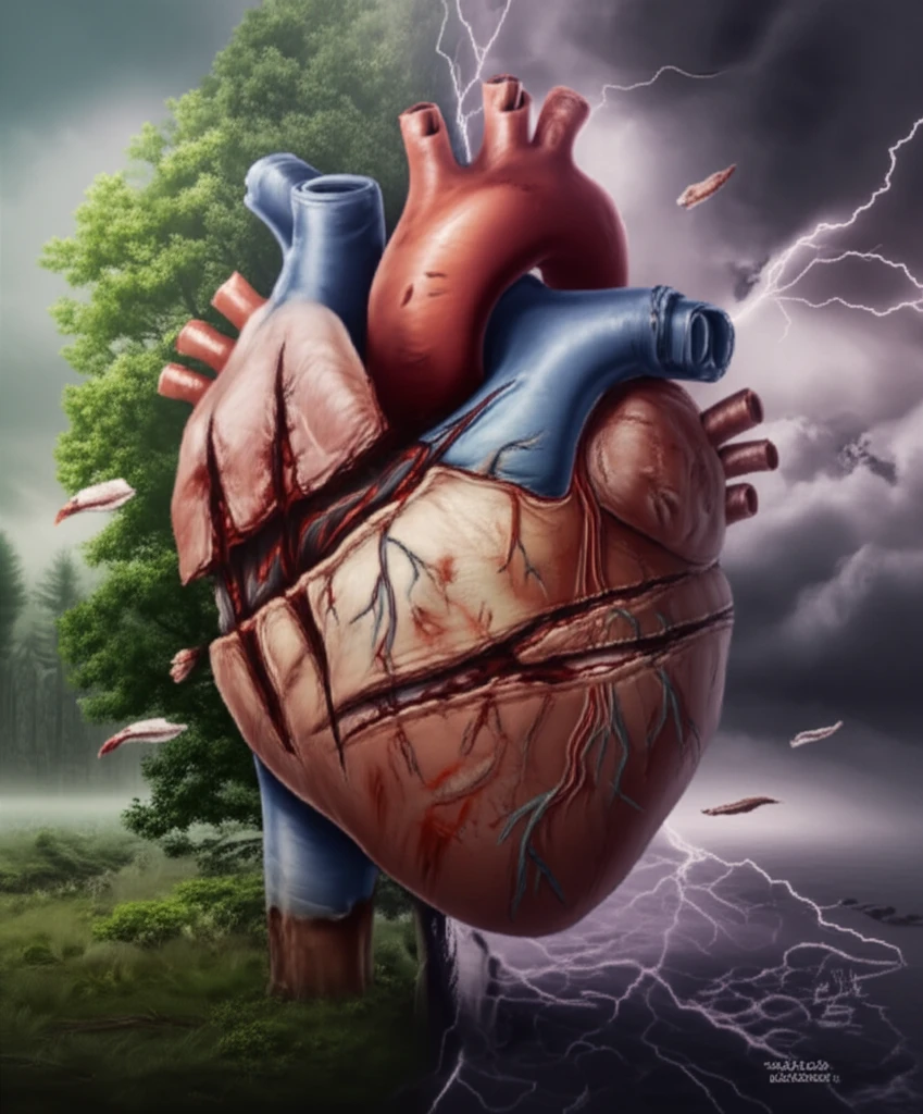 Surreal illustration of a heart intertwined with dog bite marks, symbolizing the connection between stress and heart health.