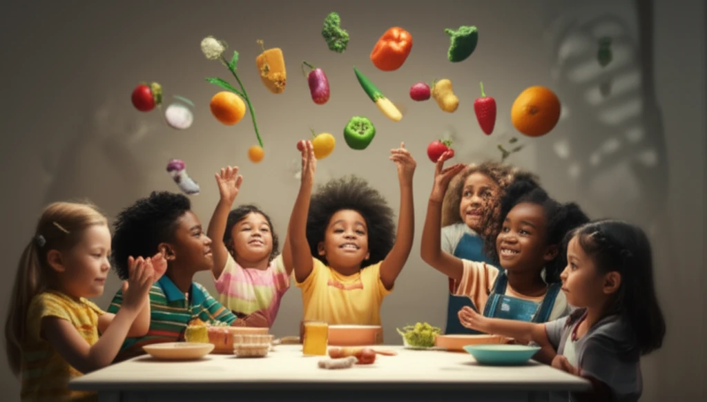 A diverse group of children and teens at a table, with symbolic foods representing feeding disorders.
