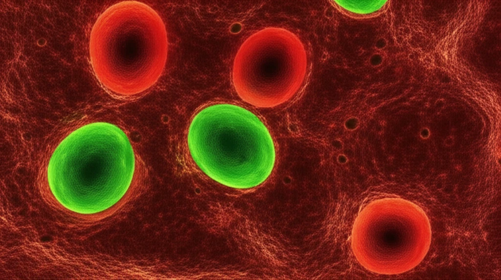 Microscopic view of fungal cells stained with fluorescent dyes, illustrating apoptosis.