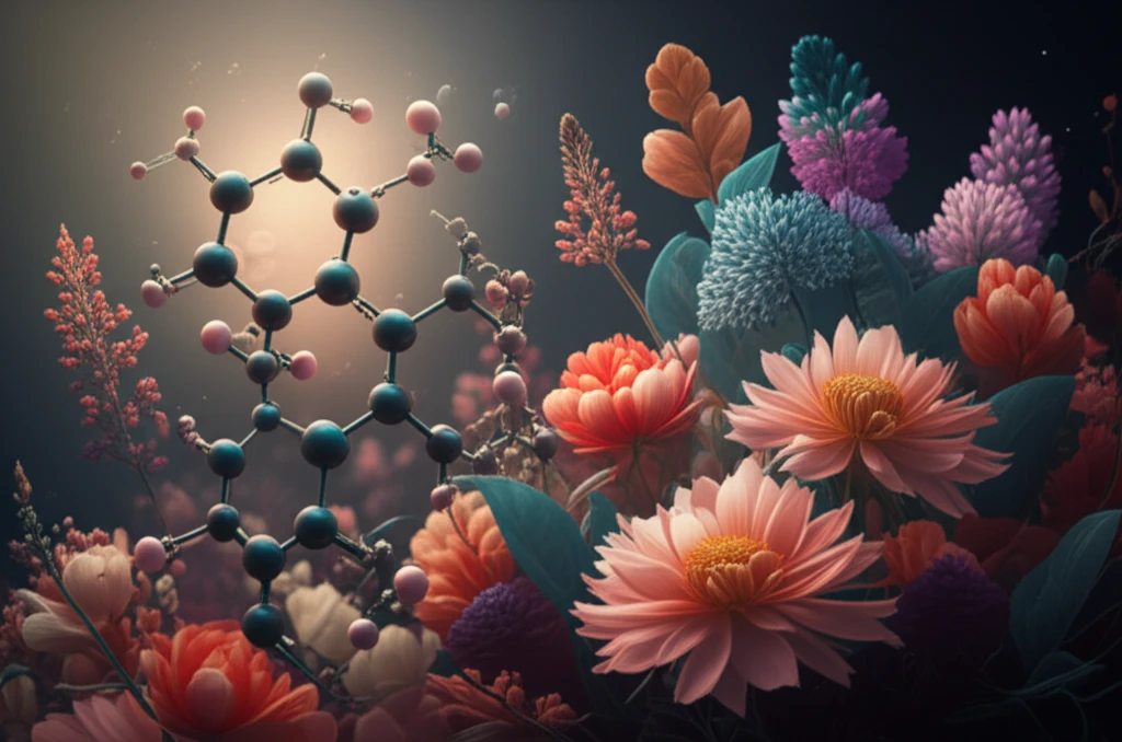 Molecular structures intertwining with flowers, symbolizing pyrrolidine synthesis.