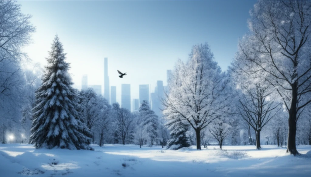 Snow-covered urban park in winter with diverse trees, cityscape in background symbolizing cleaner air
