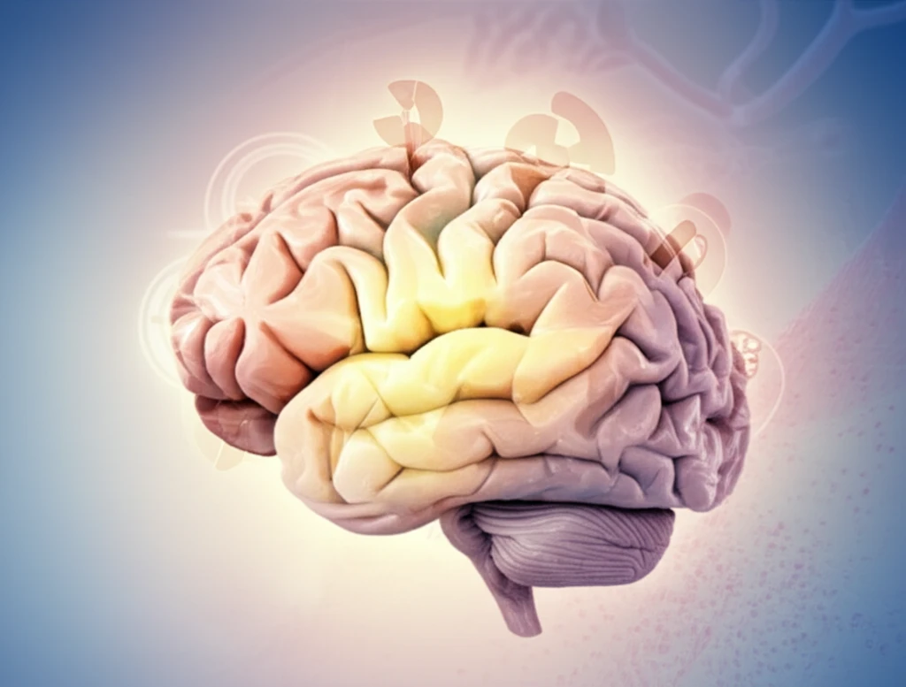 Brain enveloped in light symbolizing radiation therapy's impact on cancer cells.
