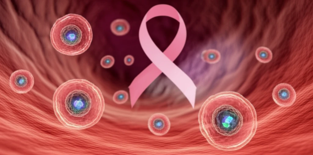 Illustration of exosomes in bloodstream with breast cancer ribbon