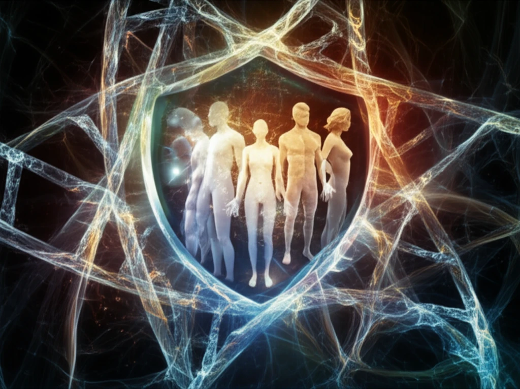 Interconnected DNA strands forming a protective shield around human figures.