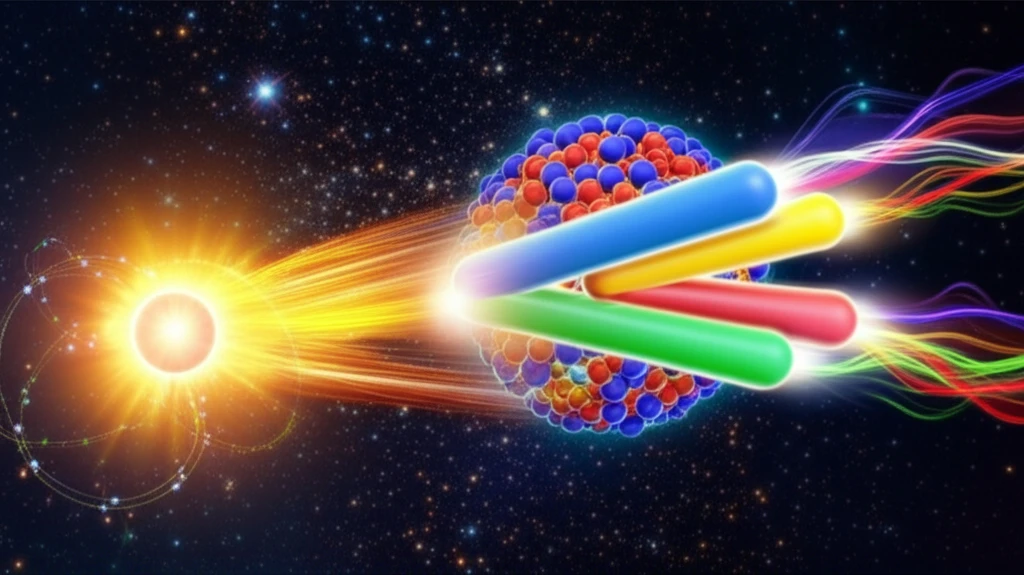 Illustration of a nuclear reaction with proton, deuteron, and gamma rays against a starfield background.