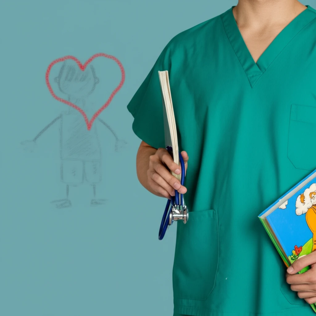 Surreal illustration of a surgeon mom balancing her medical career with family life.