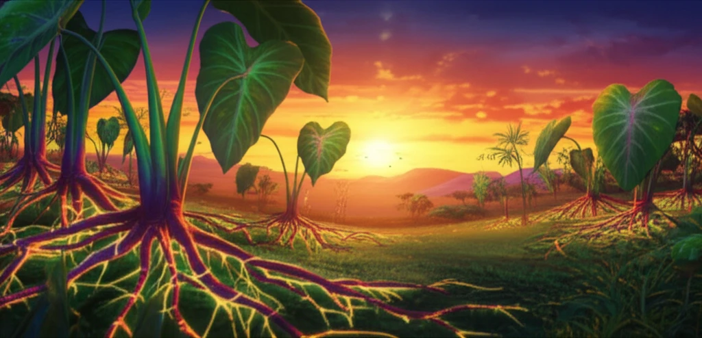 Interconnected taro roots symbolizing genetic diversity in East Africa