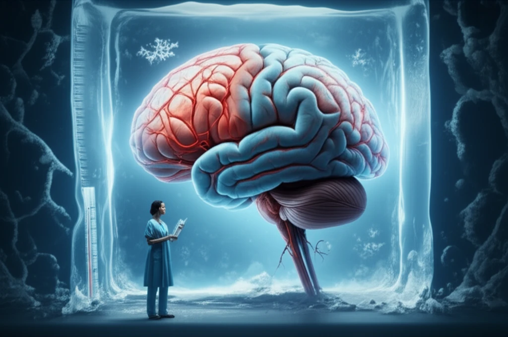 Brain surrounded by ice with constricted blood vessels, illustrating the risk of blood clots during hypothermia therapy.