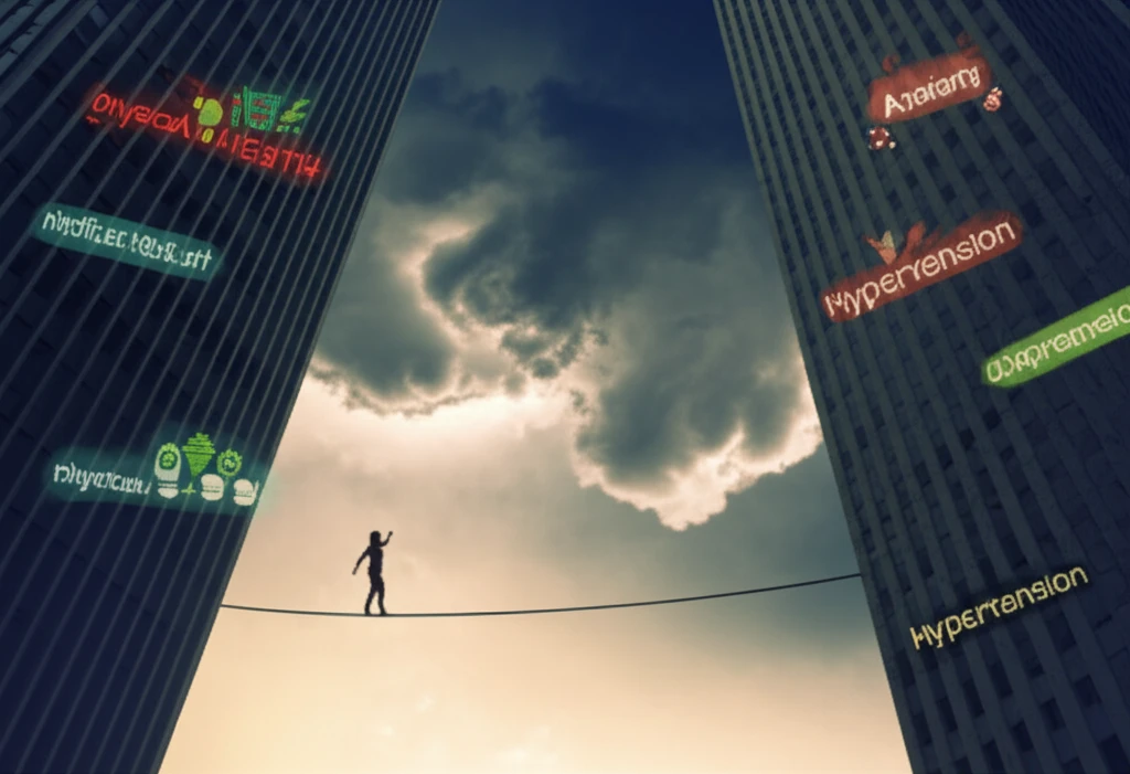 Person balancing mental and physical health with diabetes and hypertension.