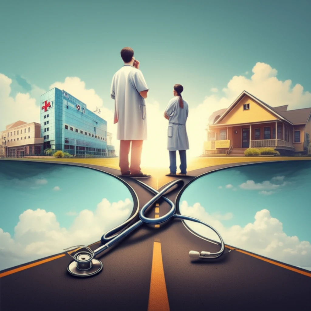 A young doctor stands at a crossroads, symbolizing career choices in medicine.