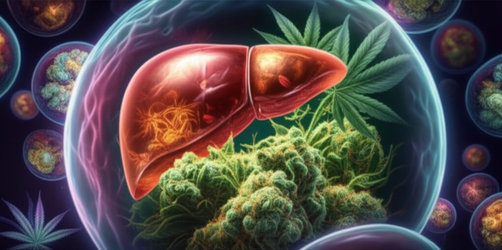 Surreal illustration of liver cells intertwined with cannabis plant structures