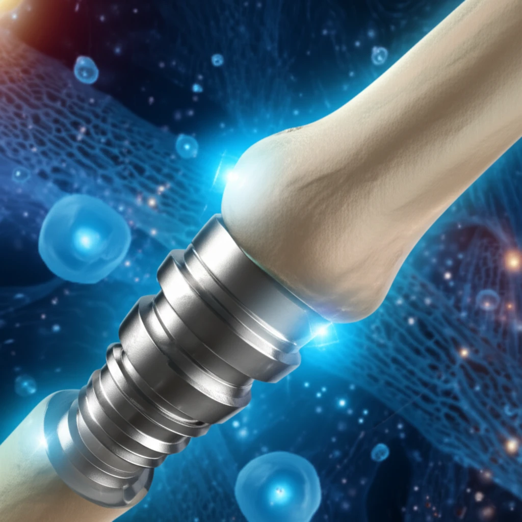 Titanium-magnesium bone implant integrating with bone.