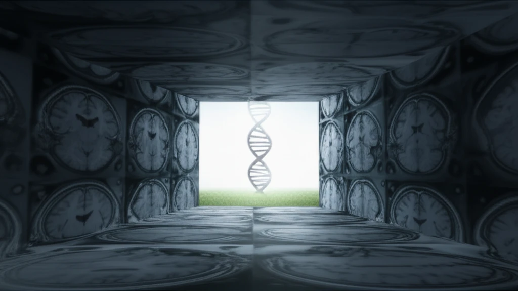 Labyrinth of brain scans leading to a DNA helix, symbolizing the diagnostic journey of neurological disorders.