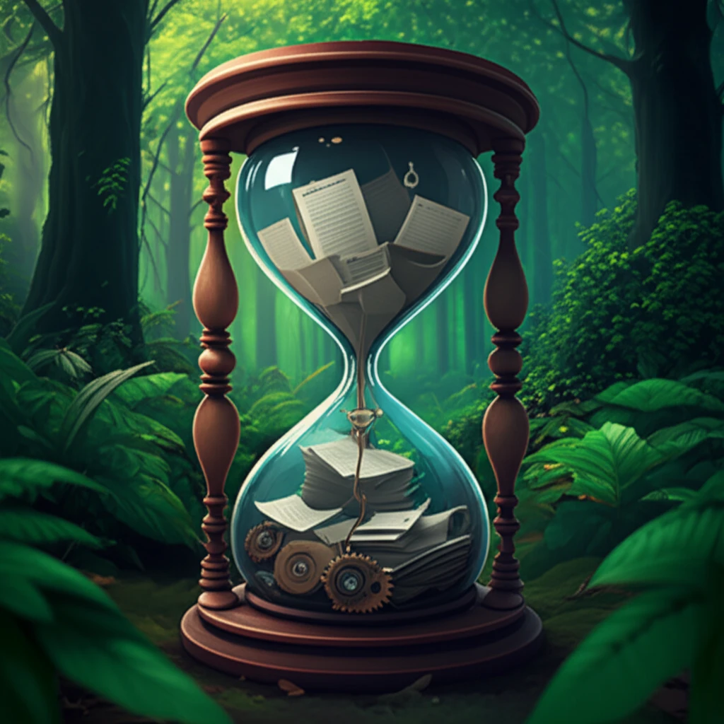 Hourglass with scientific papers flowing, symbolizing peer review in conservation biology.