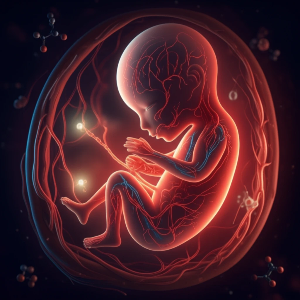 Glowing blood vessels in the shape of fetus.