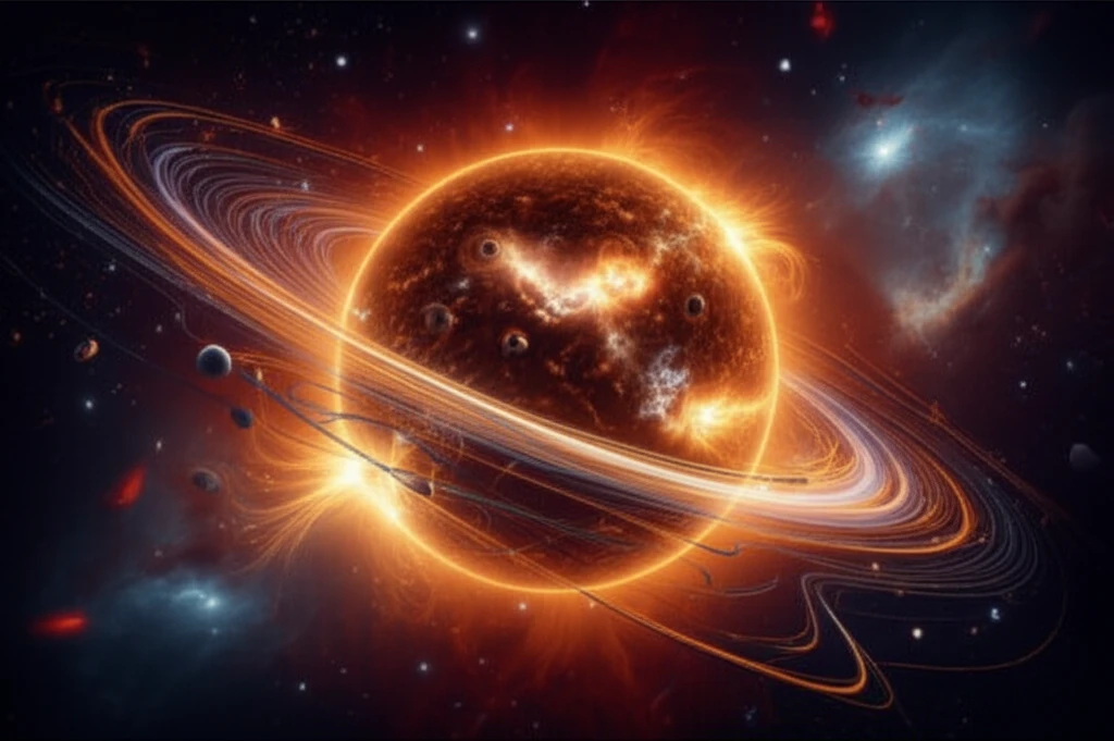 Surreal illustration of stellar nucleosynthesis within an AGB star, highlighting magnetic fields and presolar grains.