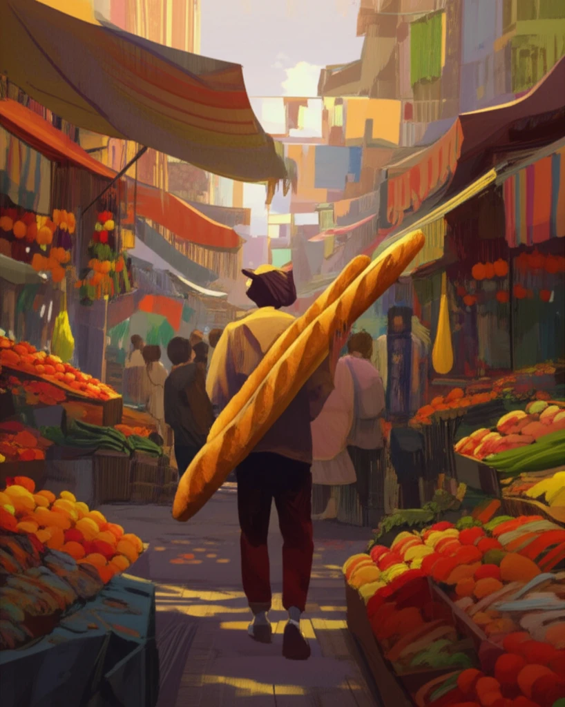Person skillfully navigating crowded marketplace by rotating shoulders and carrying a baguette
