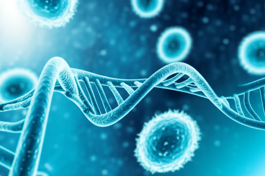 Surreal illustration of lung cells and DNA strands, representing the link to beta-IGH3 protein in lung cancer research.