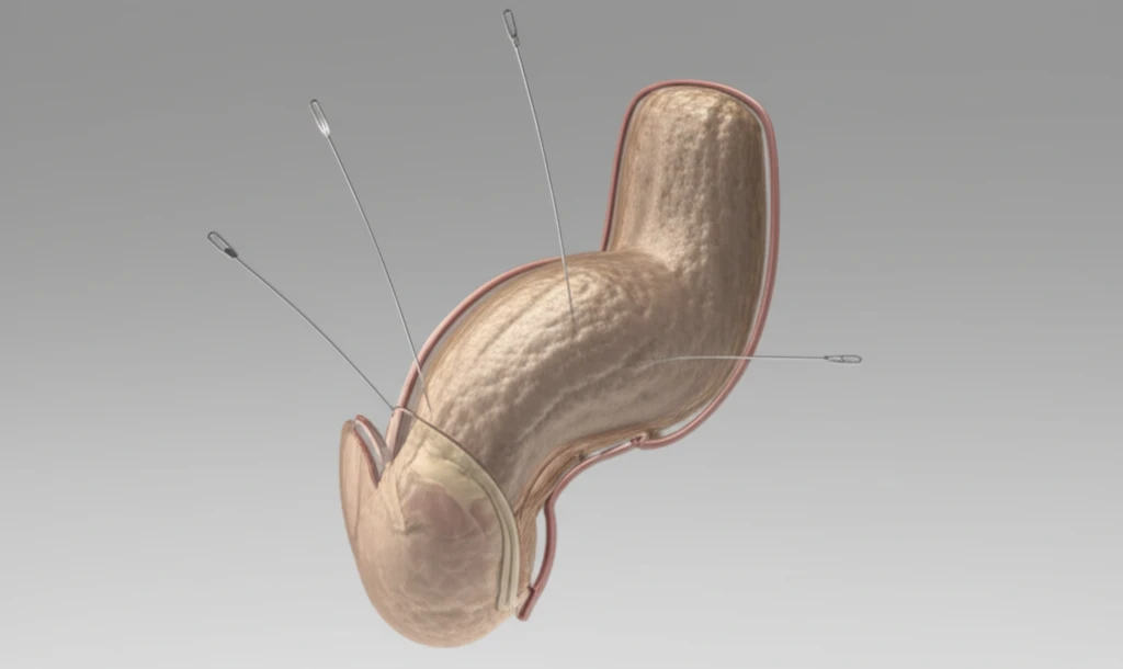 Illustration of prostate biopsy with needles targeting specific locations.