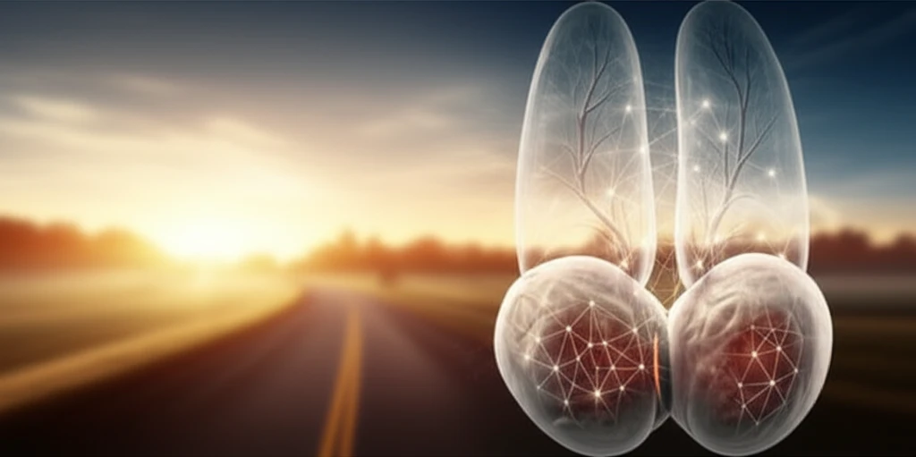 Illustration of a prostate gland with light networks symbolizing cancer cells and a hopeful path to recovery.