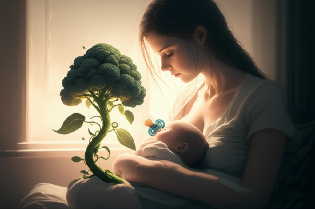 Illustration of a mother breastfeeding her baby, with a pacifier transforming into a healthy plant.