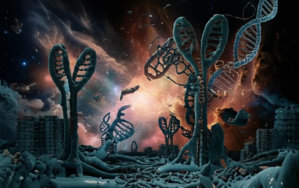 Microscopic landscape with tRNA molecules and DNA strands symbolizing genetic information flow.